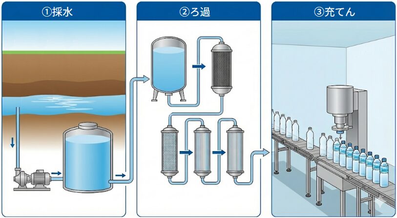 採水、ろ過殺菌、充てんのイメージ図